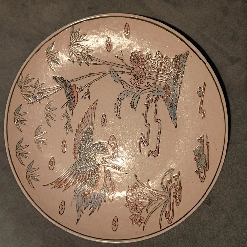 Vintage WBM Chinese Porcelain Decorative Plate Crane Bamboo Bird Pink 10in